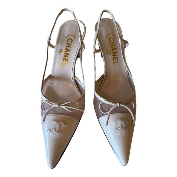 Chanel Iconic "CC" Light Pink Toe Cap Bow Mesh Slingback Heels Italy Size 39 - Picture 1 of 10